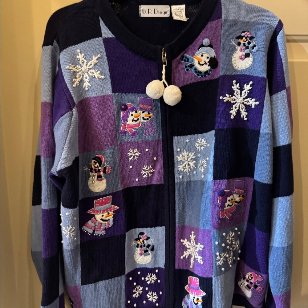 B.P Designs Colorful Snowman Cardigan‎ Size Large Sweater